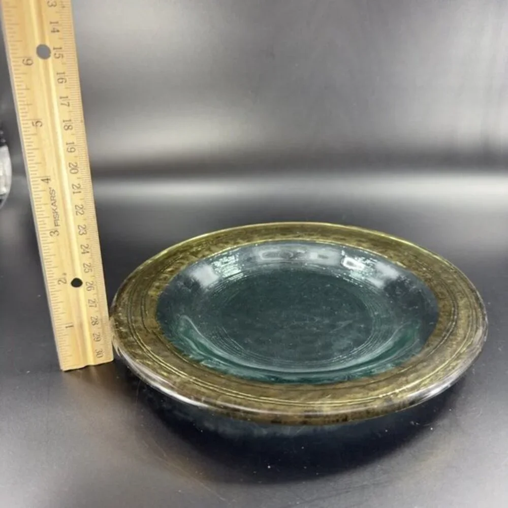 Vintage Italian Hand Made Fused Art Glass Plate Dish Transparent Green With Gold
